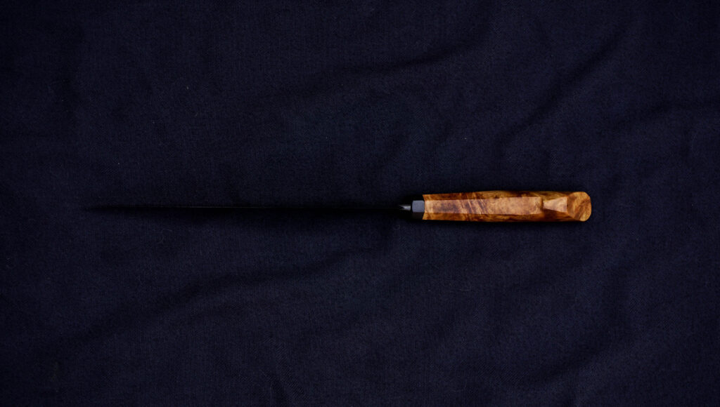 Chef knife 22 cm. 26c3. Unknown burl, copper.
